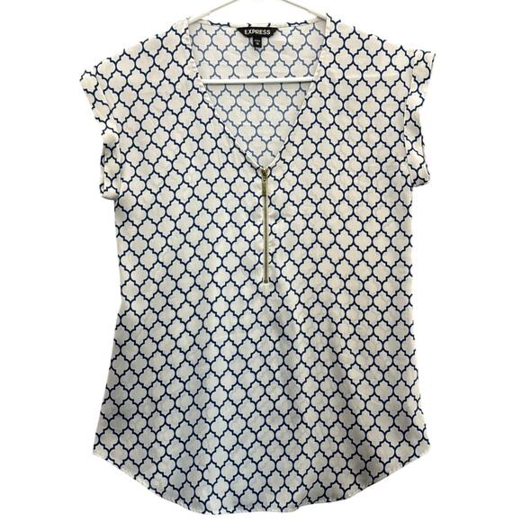 Express White Blue Geometric 1/4 Zip Front Short Sleeve Blouse Women XS - Picture 1 of 9